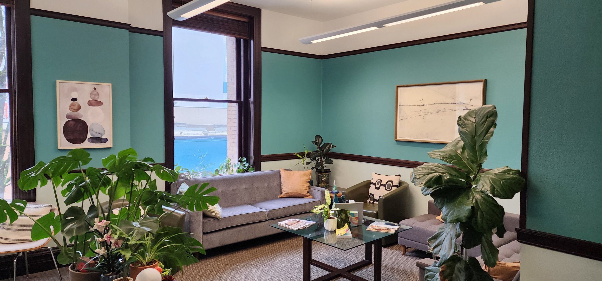 Art therapy room with supplies and seating